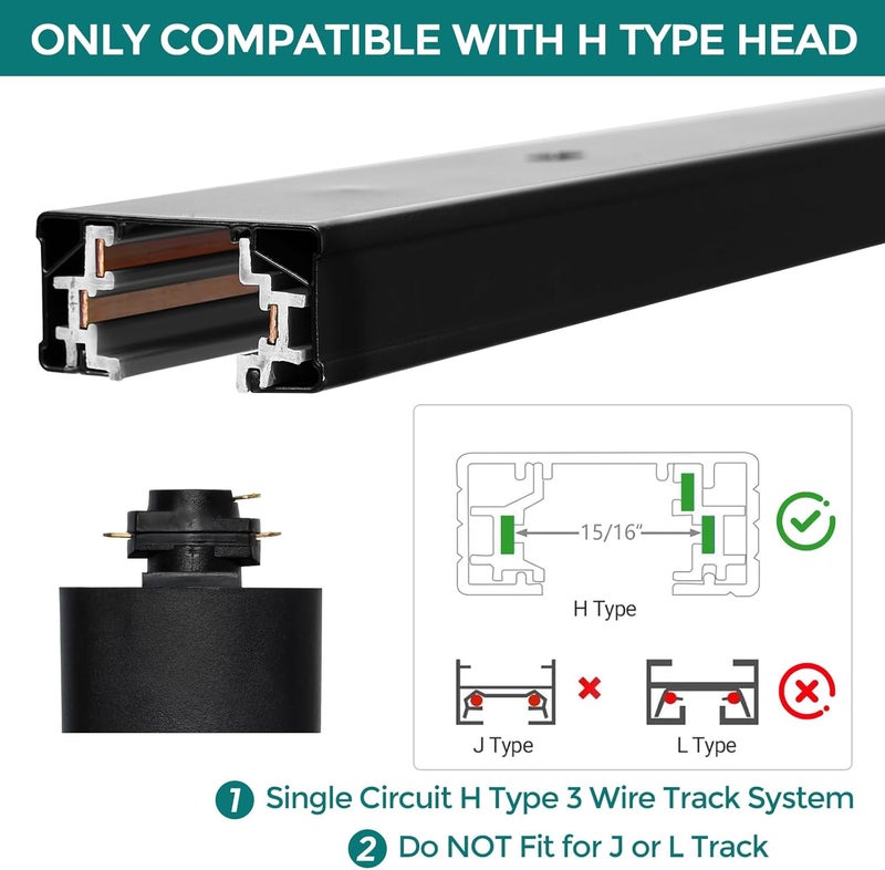 iCreating H Track Lighting Rails Kit - 26ft Black Track Light Track 3 Wire with Floating Canopy Connector, I and L Connectors for Single Circuit H Type LED Track Lighting Heads Fixtures - Image 3